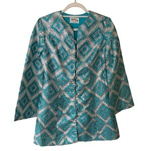 Ronda Roy Montreal Vintage 60s Geometric Metallic Turquoise Silver Blazer Size S